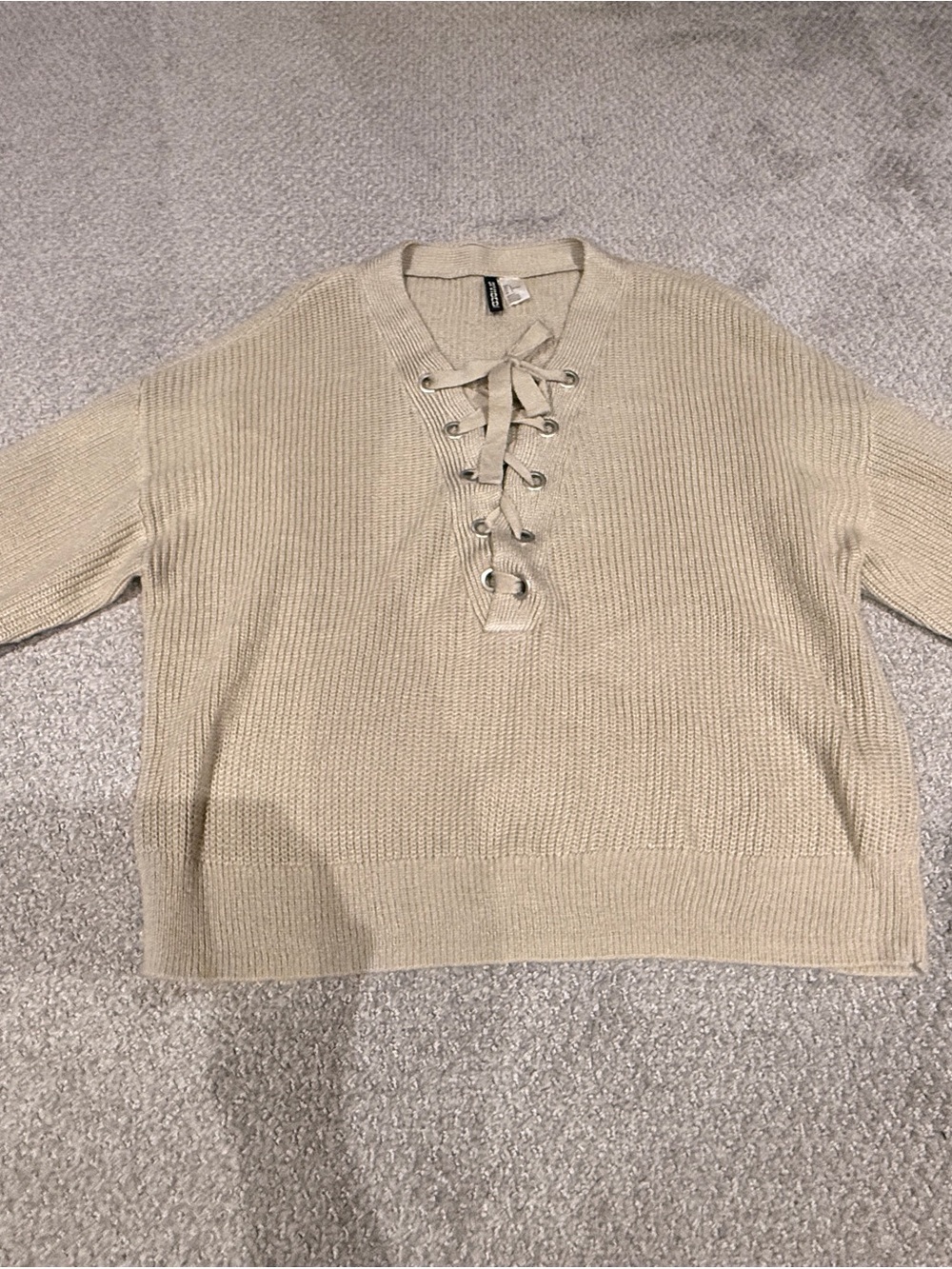 H&M Beige Lace-Up V-Neck Knit Sweater